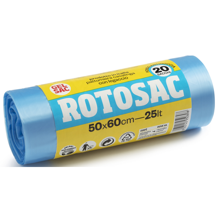 GEL SAC ROTOSAC 20 SACCHI PATTUMIERA CASALINGA CON LEGACCIO FONDO ANTIGOCCIA 50x60 CM 25 LT AZZURRO