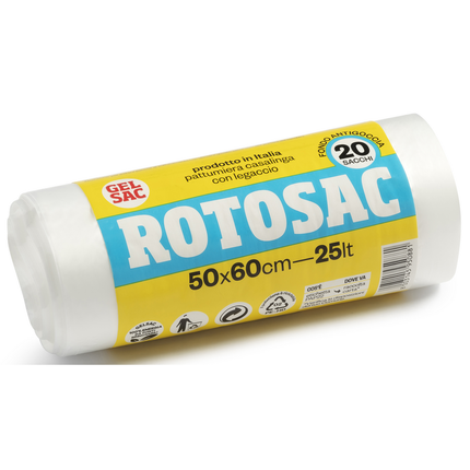 GEL SAC ROTOSAC 20 SACCHI PATTUMIERA CASALINGA CON LEGACCIO FONDO ANTIGOCCIA 50x60 CM 25 LT BIANCO