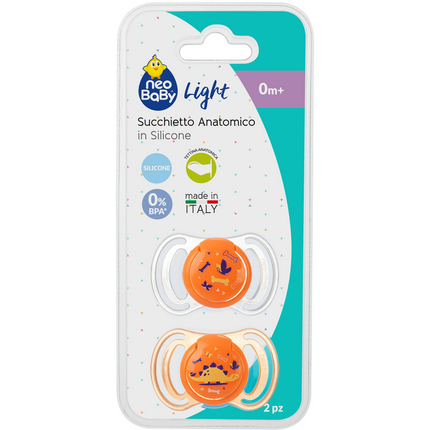 NEO BABY SUCCHIETTO 2 PEZZI ANATOMICO IN SILICONE ARANCIO MINI 0m+