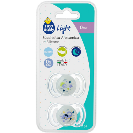 NEO BABY SUCCHIETTO 2 PEZZI ANATOMICO IN SILICONE MINI GLOW 0m+