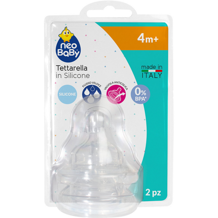 NEO BABY TETTARELLA IN SILICONE COLLO LARGO FLUSSO VELOCE 4m+ 2 PEZZI