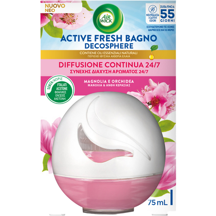 AIRWICK ACTIVE FRESH BAGNO DECOSPHERE EMANATORE LIQUIDO MAGNOLIA e ORCHIDEA 75 ML