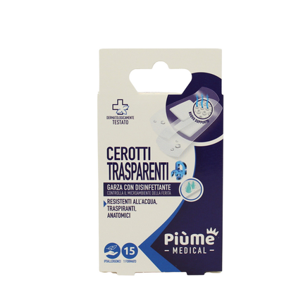 PIUME CEROTTI TRASPARENTI GARZA DISINFETTANTE 15 PEZZI FORMATO MEDIO