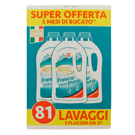 SPUMA DI SCIAMPAGNA DETERSIVO LIQUIDO BUCATO LAVATRICE FRESCO PURO IGIENIZZANTE 27 LAVAGGI 3 PEZZI