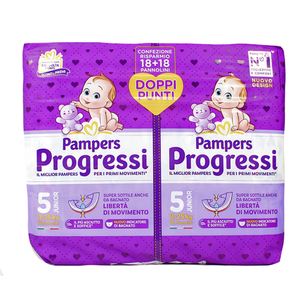 PAMPERS PROGRESSI 5 JUNIOR 11-25 KG 18+18 PEZZI PACCO DOPPIO