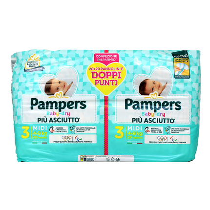 PAMPERS BABY DRY 3 MIDI 4-9 KG 20+20 PEZZI PACCO DOPPIO