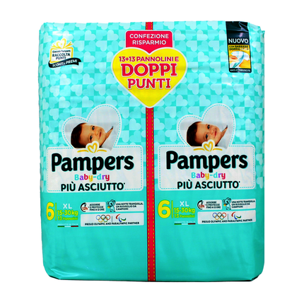 PAMPERS BABY DRY 6 XL 15-30 KG 13+13 PEZZI PACCO DOPPIO