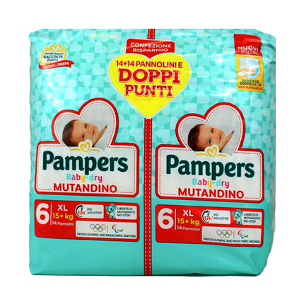 PAMPERS BABY DRY MUTANDINO 6 XL 15+ KG 13+13 PEZZI PACCO DOPPIO