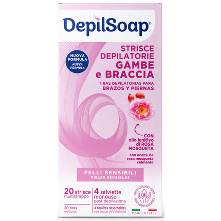 DEPILSOAP 20 STRISCE DEPILATORIE GAMBE e BRACCIA + 4 SALVIETTE POST DEPILAZIONE PELLI SENSIBILI