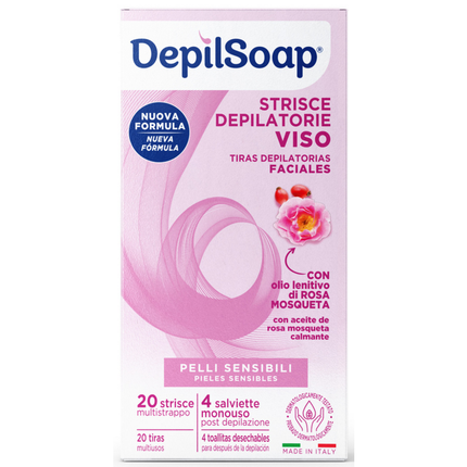 DEPILSOAP 20 STRISCE DEPILATORIE VISO + 4 SALVIETTE POST DEPILAZIONE PELLI SENSIBILI
