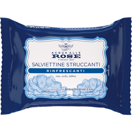 ACQUA ALLE ROSE 20 SALVIETTE STRUCCANTI RINFRESCANTI CON ACQUA DISTILLATA DI ROSA DAMASCENA