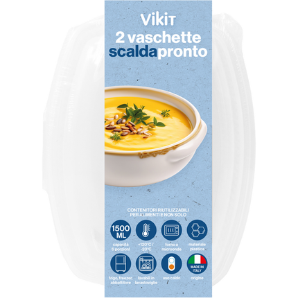 VIKIT 2 VASCHETTE SCALDAPRONTO 6 PORZIONI, FORNO A MICROONDE, FRIGO, FREEZER, ABBATTITORE +120°C -20°C 1500 ML