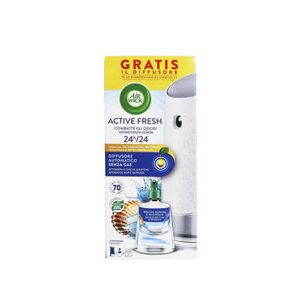 AIRWICK ACTIVE FRESH DIFFUSORE ELETTRICO AUTOMATICO COMPLETO BASE + RICARICA 228 ML + BATTERIE FRAGRANZA BREZZA MARINA e MAGNOLIA