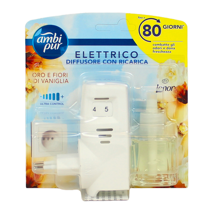 AMBIPUR ELETTRICO DIFFUSORE + RICARICA ORO E FIORI DI VANIGLIA 20 ML DURATA FINO A 80 GIORNI