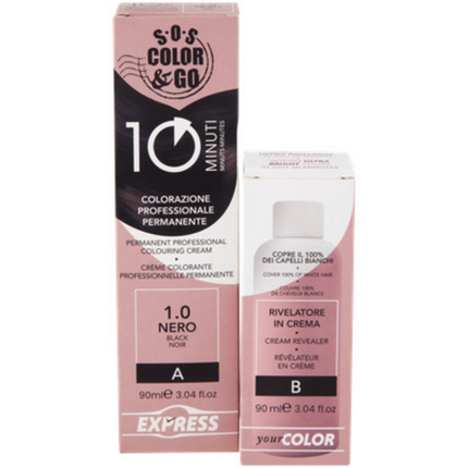 S.O.S.COLOR&GO COLORAZIONE PROFESSIONALE PERMANENTE 10 MINUTI DUO SET CREMA 90 ML + RIVELATORE IN CREMA 90 ML 1.0 NER0
