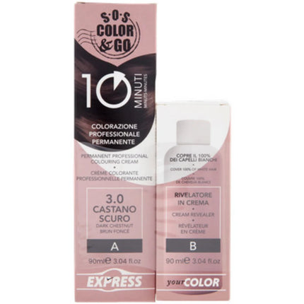 S.O.S.COLOR&GO COLORAZIONE PROFESSIONALE PERMANENTE 10 MINUTI DUO SET CREMA 90 ML + RIVELATORE IN CREMA 90 ML 3.0 CASTANO SCURO