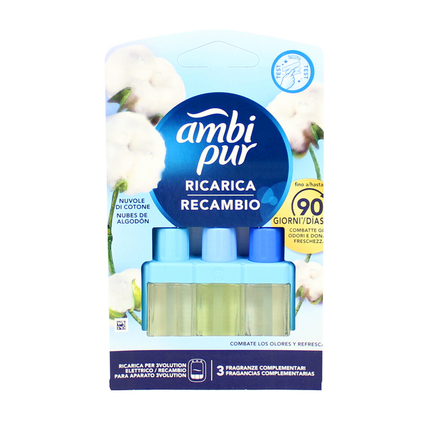 AMBIPUR 3 VOLUTION RICARICA NUVOLE DI COTONE 3 FRAGRANZE COMPLEMENTARI 20 ML DURATA FINO A 90 GIORNI