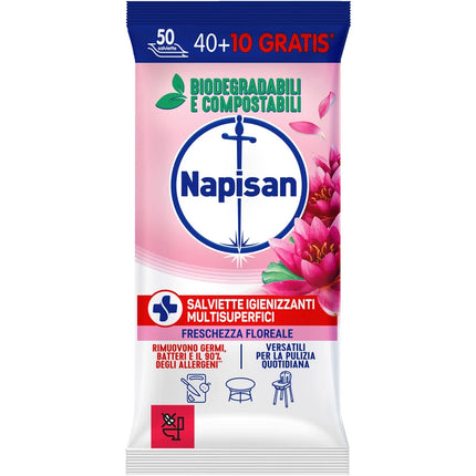 NAPISAN 50 SALVIETTE (40+10 GRATIS) BIODEGRADABILI E COMPOSTABILI IGIENIZZANTI MULTISUPERFICI FRESCHEZZA FLOREALE