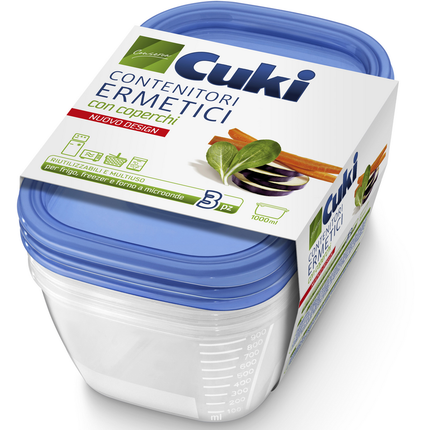 CUKI CONTENITORI ERMETICI RETTANGOLARI CON COPERCHI 1000 ML RIUTILIZZABILI IN FRIGO, FREEZER E FORNO MICROONDE 3 PEZZI