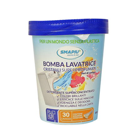 SMAPIU BOMBA LAVATRICE CRISTALLI SUPERPROFUMATI FIORI DI CAMPO DETERGENTE SUPER CONCENTRATO 30 LAVAGGI BARATTOLO 500 grammi