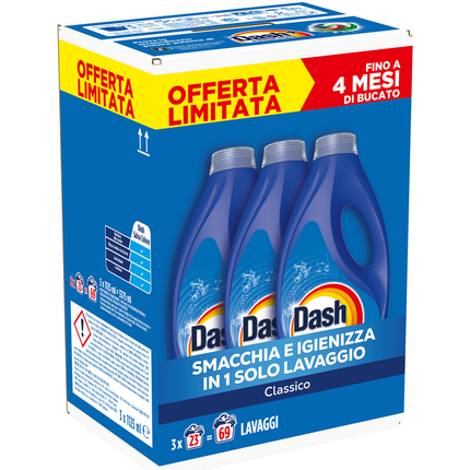 DASH DETERSIVO LIQUIDO BUCATO LAVATRICE CLASSIVO 3 PEZZI DA 23 LAVAGGI