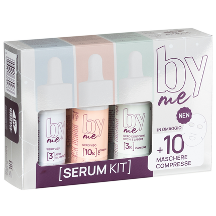 ByME KIT 3 SIERI DA 30 ML (SIERO VISO ACIDO IALURONICO, SIRO VISO VITAMINA C, SIERO OCCHI E LABBRA CAFFEINA) + 10 MASCHERE COMPRESSE
