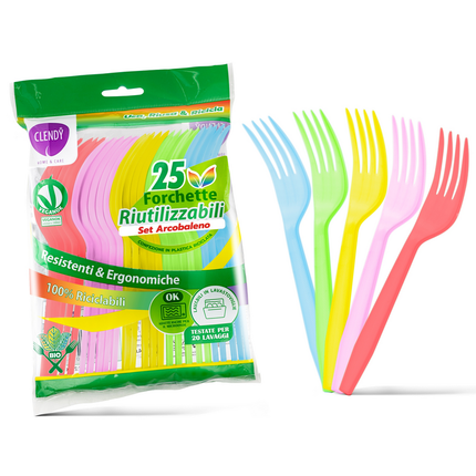 CLENDY HOME&CARE FORCHETTE DI PLASTICA RIUTILIZZABILI SET ARCOBALENO BUSTA 25PEZZI
