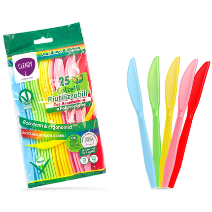 CLENDY HOME&CARE COLTELLI DI PLASTICA RIUTILIZZABILI SET ARCOBALENO BUSTA 25 PEZZI