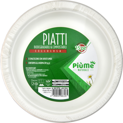PIUME NATURALE PIATTO DESSERT 15 PEZZI 18 CM BIODEGRADABILI & COMPOSTABILI CELLULOSA