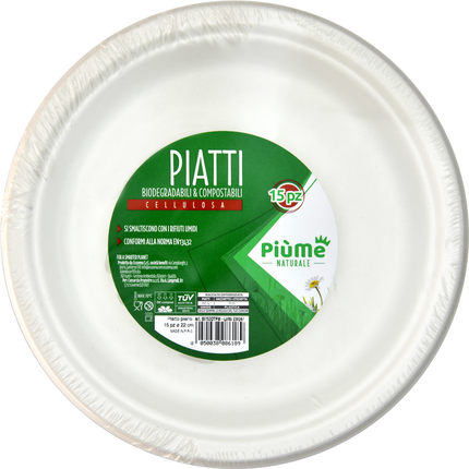 PIUME NATURALE PIATTO PIANO 15 PEZZI 22 CM BIODEGRADABILE & COMPOSTABILE CELLULOSA