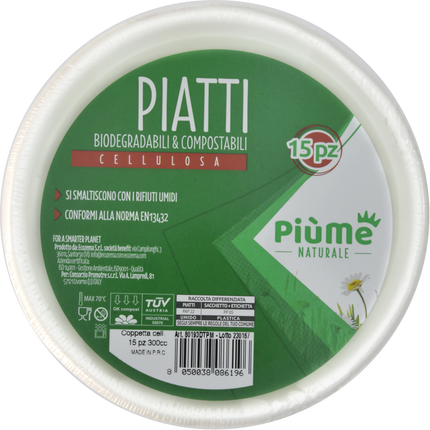 PIUME NATURALE PIATTO COPPETTA 15 PZ 300 CC BIODEGRADABILE & COMPOSTABILE CELLULOSA