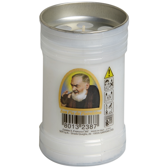 LUMINO VOTIVO PLASTICA BIANCO 30T IMMAGINE SAN PIO DA PIETRELCINA