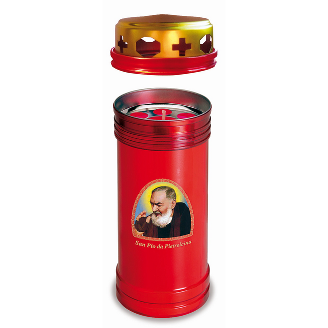 LUMINO VOTIVO PLASTICA ROSSO 40L IMMAGINE SAN PIO DA PIETRELCINA