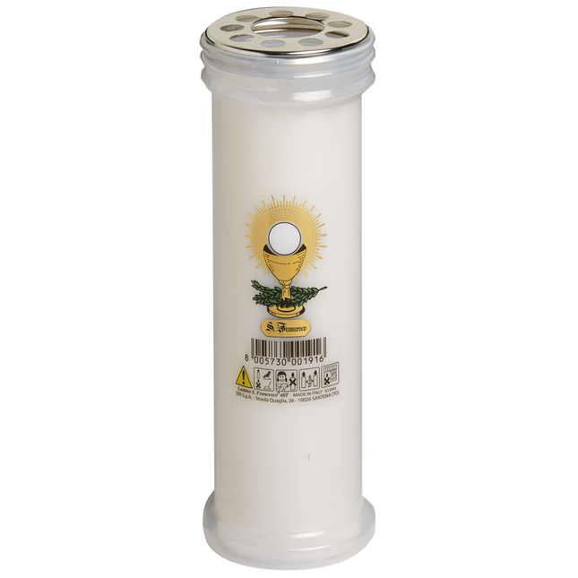 LUMINO VOTIVO PLASTICA BIANCO 60T IMMAGINE SAN FRANCESCO CON CALICE Cod.246016