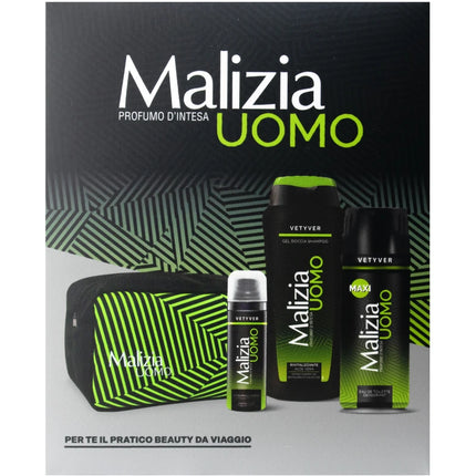 MALIZIA UOMO PROUMO D'INTESA COFANETTO - POCHETTE + EDT DEODORANT VETYVER 175 ML + DOCCIASHAMPOO GEL VETYVER 250 ML + SCHIUMA DA BARBA VETYVER 50 ML