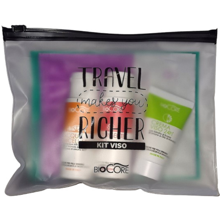 BIOCORE POCHETTE VISO KIT TRAVEL RICHER 3 PRODOTTI; ACQUA MICELLARE 50 ML - DETERGENTE VISO 50 ML - CREMA VISO H24 TUBO 20 ML - MASCHERA OCCHI IN TESSUTO
