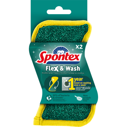 SPONTEX SPUGNA FLEX & WASH MULTIUSO LAVABILE IN LAVATRICE 2 PEZZI
