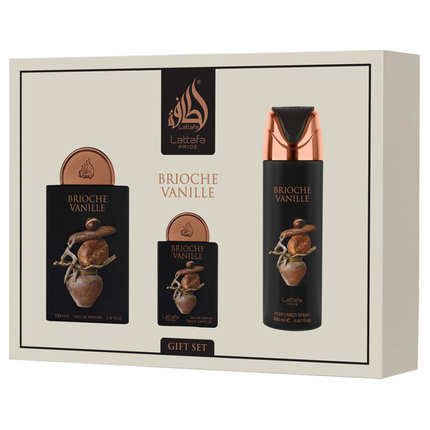 LATTAFA PRIDE COFANETTO BRIOCHE VANILLE 4 PEZZI; EDP 100 ML + EDP 20 ML + DEODORANTE 200 ML + REFILLABLE TRAVEL SPRAY