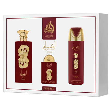 LATTAFA PRIDE COFANETTO ANSAAM GOLD 4 PEZZI; EDP 100 ML + EDP 20 ML + DEODORANTE 200 ML + REFILLABLE TRAVEL SPRAY