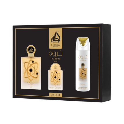 LATTAFA PRIDE COFANETTO THARWAH GOLD 4 PEZZI; EDP 100 ML + EDP 20 ML +DEODORANTE 200 ML REFILLABLE TRAVEL SPRAY
