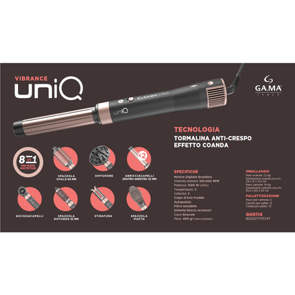 GAMA PHON UNIQ VIBRANCE 8in1 ASCIUGACAPELLI, SPAZZOLA ROTONDA, SPAZZOLA OVALE, SPAZZOLA PIATTA, DIFFUSORE, STIRATURA, 2 ARICCIACAPELLI