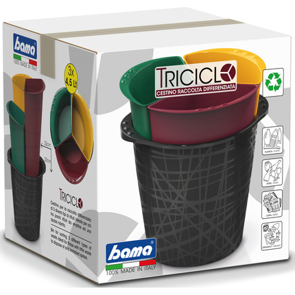 BAMA TRICICLO CESTINO RACCOLTA DIFFERENZIATA 3 CESTINI DA 4,5 LT