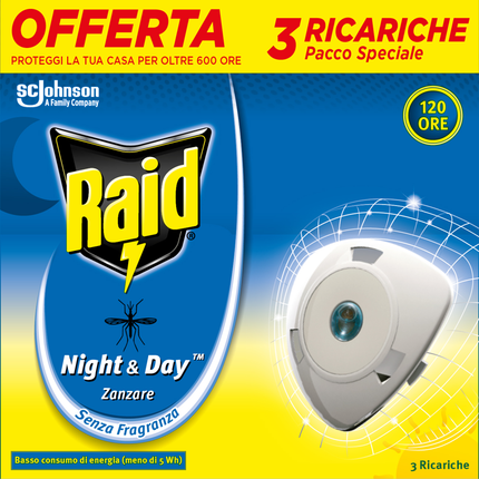 RAID NIGHT & DAY ELETTRICO 3 RICARICHE ZANZARE 120 ORE