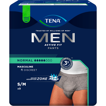 TENA MEN ACTIVE FIT PANTS NORMAL S/M 9 PZ GREY SLIP ASSORBENTI MASCHILI