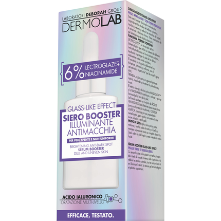 DERMOLAB VISO GLASS LIKE EFFECT STEP 2; SIERO BOOSTER ILLUMINANTE ANTIMACCHIA TEXTURE IN GEL ULTRA LEGGERA A RAPIDO ASSORBIMENTO PER PELLI SPENTE NON UNIFORMI; ETÀ 20, 30, 40; 30 ML