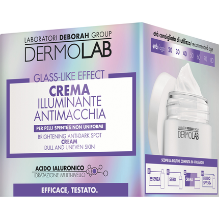 DERMOLAB VISO GLASS LIKE EFFECT STEP 3; CREMA ILLUMINANTE ANTIMACCHIA TEXTURE LEGGERA A RAPIDO ASSORBIMENTO PER PELLI SPENTE NON UNIFORMI; ETÀ 20, 30, 40; 50 ML
