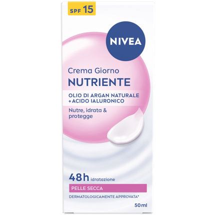 NIVEA CREMA GIORNO NUTRIENTE OLIO DI ARGAN E ACIDO IALURONICO 48h IDRATAZIONE TUBO SPF 15 50 ML