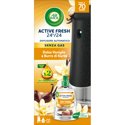 AIRWICK ACTIVE FRESH 24h/24 DIFFUSORE ELETTRICO AUTOMATICO SENZA GAS COMPLETO DOLCE VANIGLIA E BURRO DI CARITE'