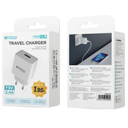 UNICO CARICATORE DA VIAGGIO USB SINGOLO 2.4A BIANCO