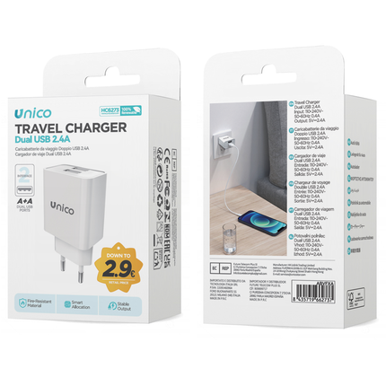 UNICO CARICATORE DA CASA DOPPIA USB 2.4A BIANCO